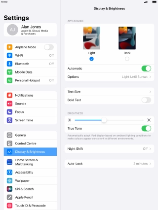 If you turn on the function, press Options and follow the instructions on the screen to select the required period of time for Dark Mode.