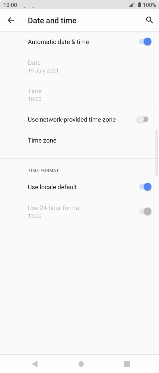 Press the indicator next to 'Use network-provided time zone' to turn on the function.