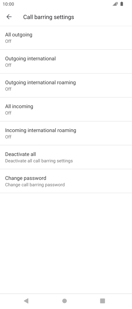 Press the required barring type to turn the function on or off.