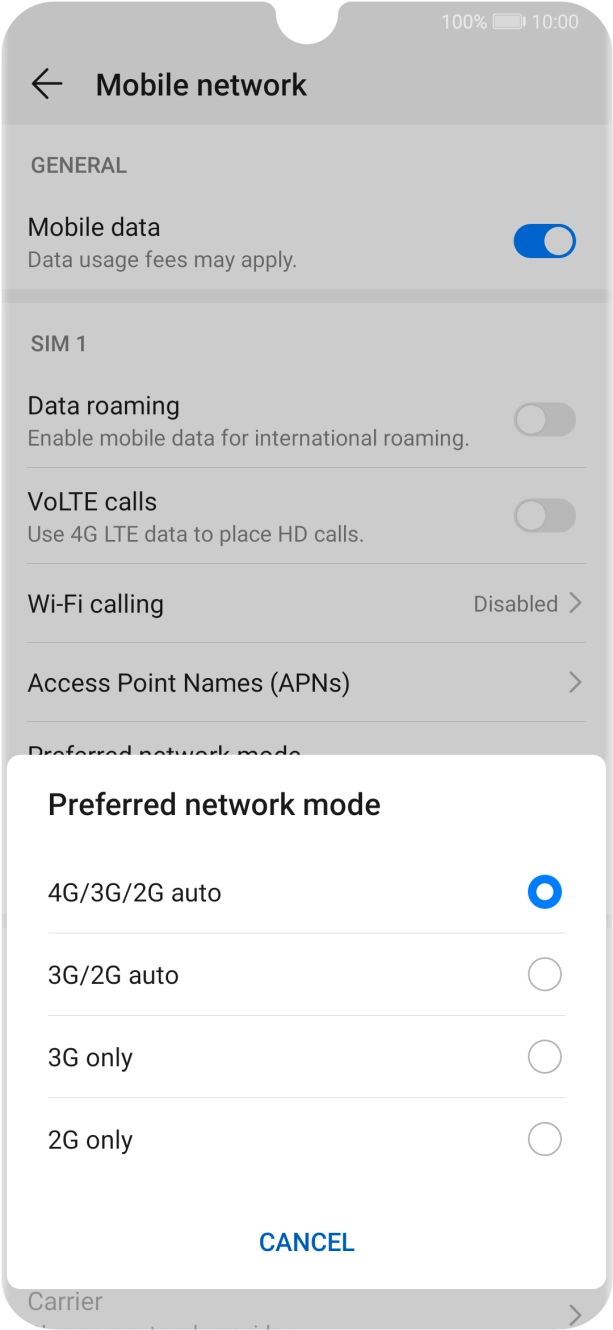 Press the required network mode.
