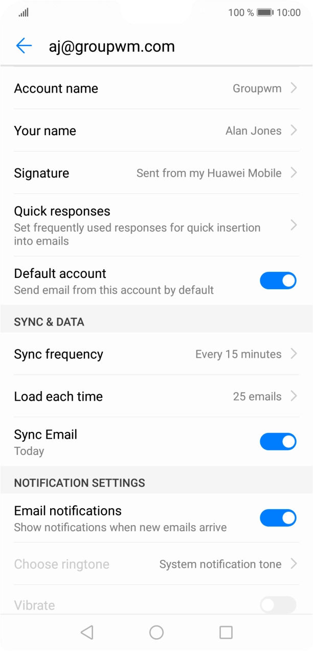 Press Account name and key in the required name for the email account.