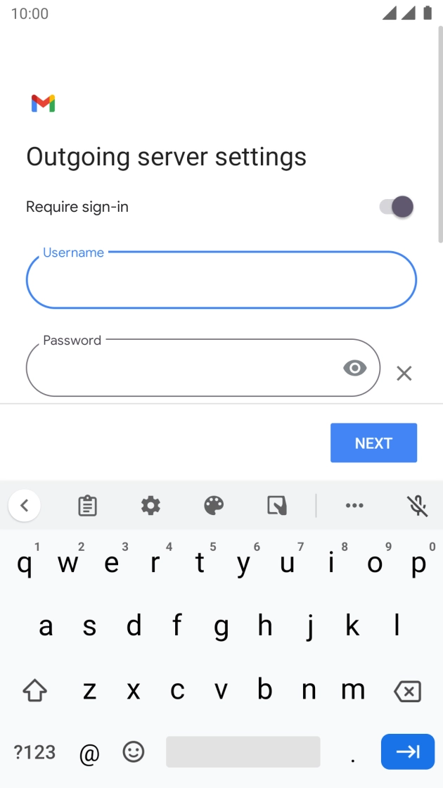 Press the field below 'Password' and key in the password of your email provider's outgoing server. Press the field below 'Password' and key in the password of your email provider's outgoing server.
