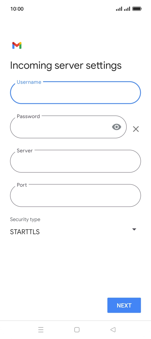Press the field below 'Server' and key in the name of your email provider's incoming server. Press the field below 'Server' and key in the name of your email provider's incoming server.