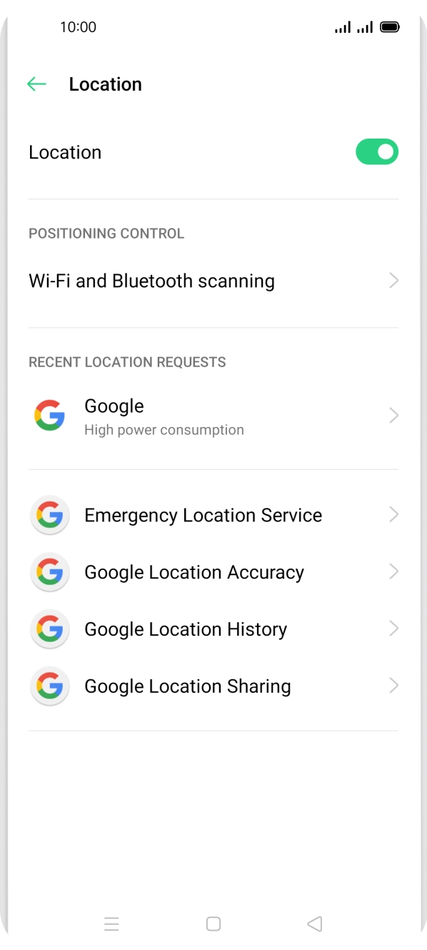 Press Google Location Accuracy. Press Google Location Accuracy.