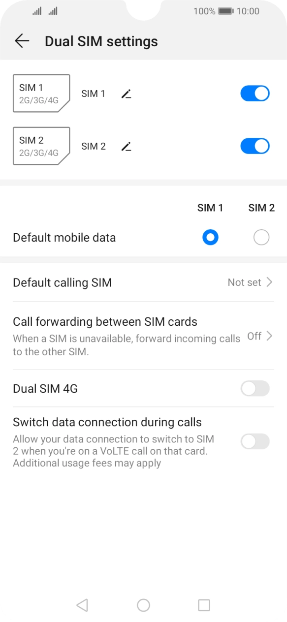 Press the indicator next to the required SIM to turn use of the SIM on or off.