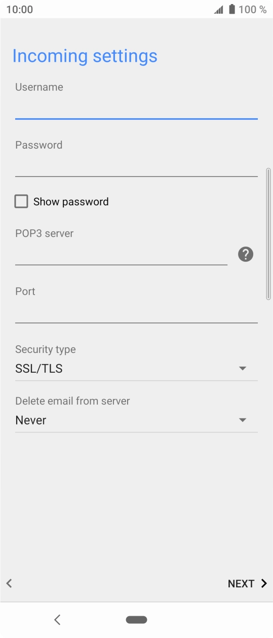 Press the field below 'POP3 server' and key in the name of your email provider's incoming server. Press the field below 'POP3 server' and key in the name of your email provider's incoming server.
