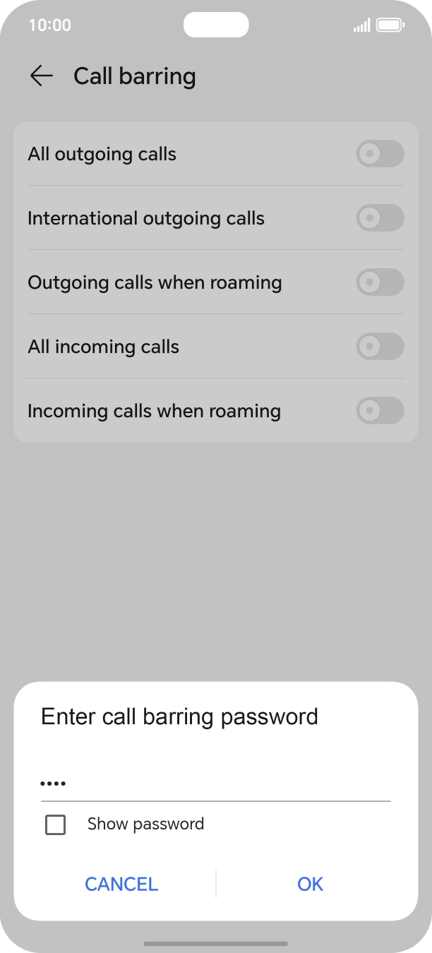 Key in your barring password and press OK.