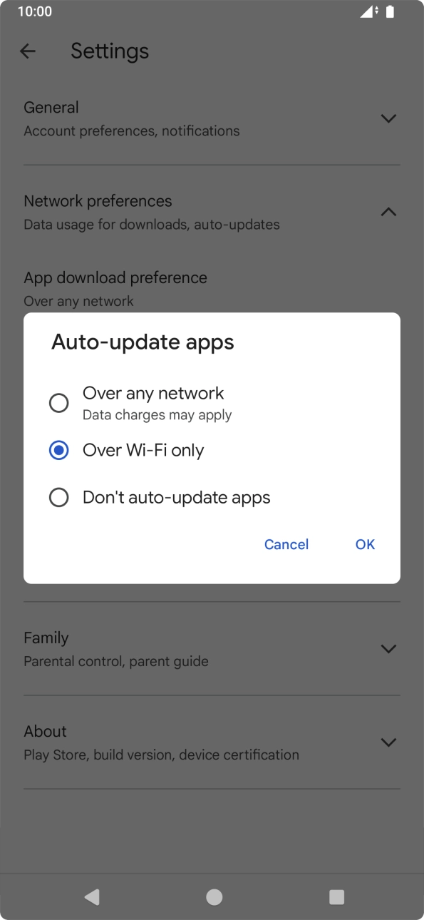 To turn on automatic update of apps using mobile network, press Over any network. To turn on automatic update of apps using mobile network, press Over any network.