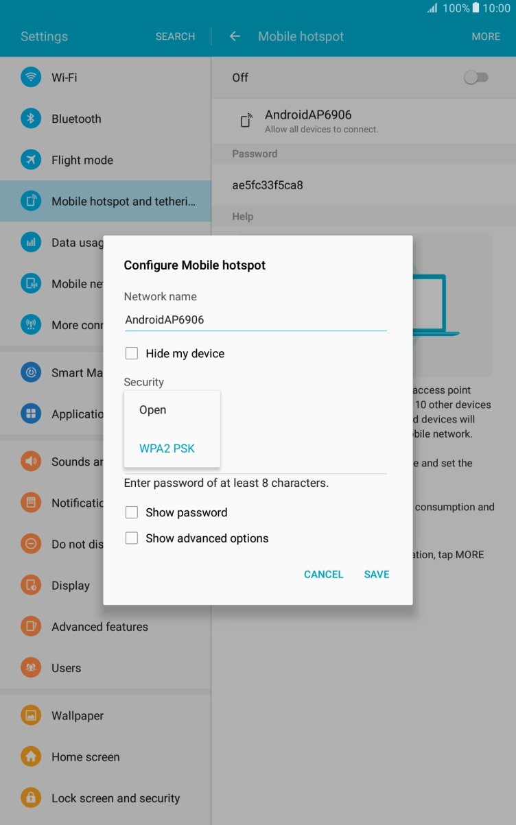 Press WPA2 PSK to password protect your WiFi hotspot.