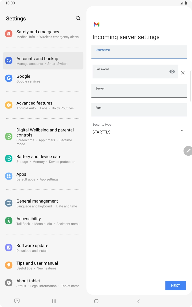 Press the field below 'Server' and key in the name of your email provider's incoming server. Press the field below 'Server' and key in the name of your email provider's incoming server.