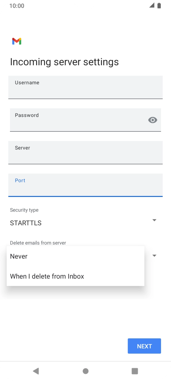 Press Never to keep emails on the server when you delete them on your phone. Press Never to keep emails on the server when you delete them on your phone.