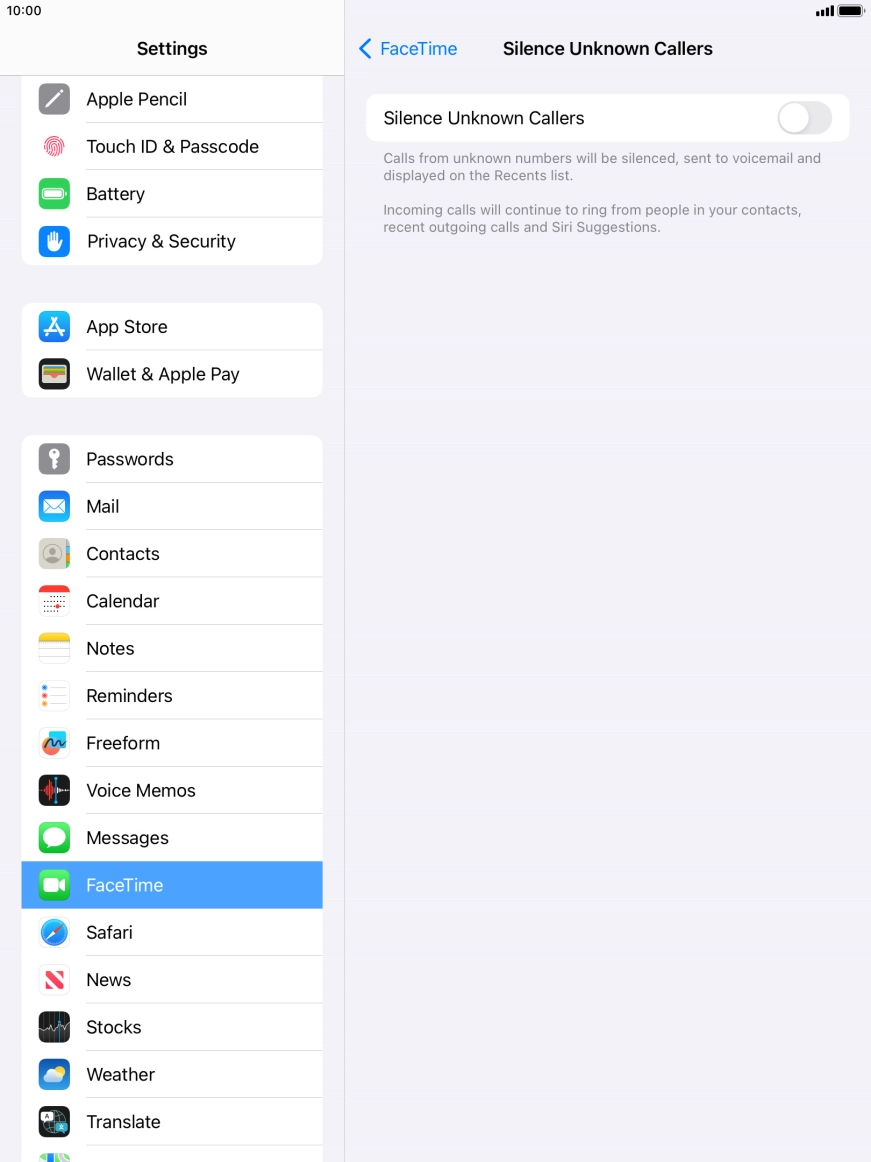 Press the indicator next to 'Silence Unknown Callers' to turn the function on or off.