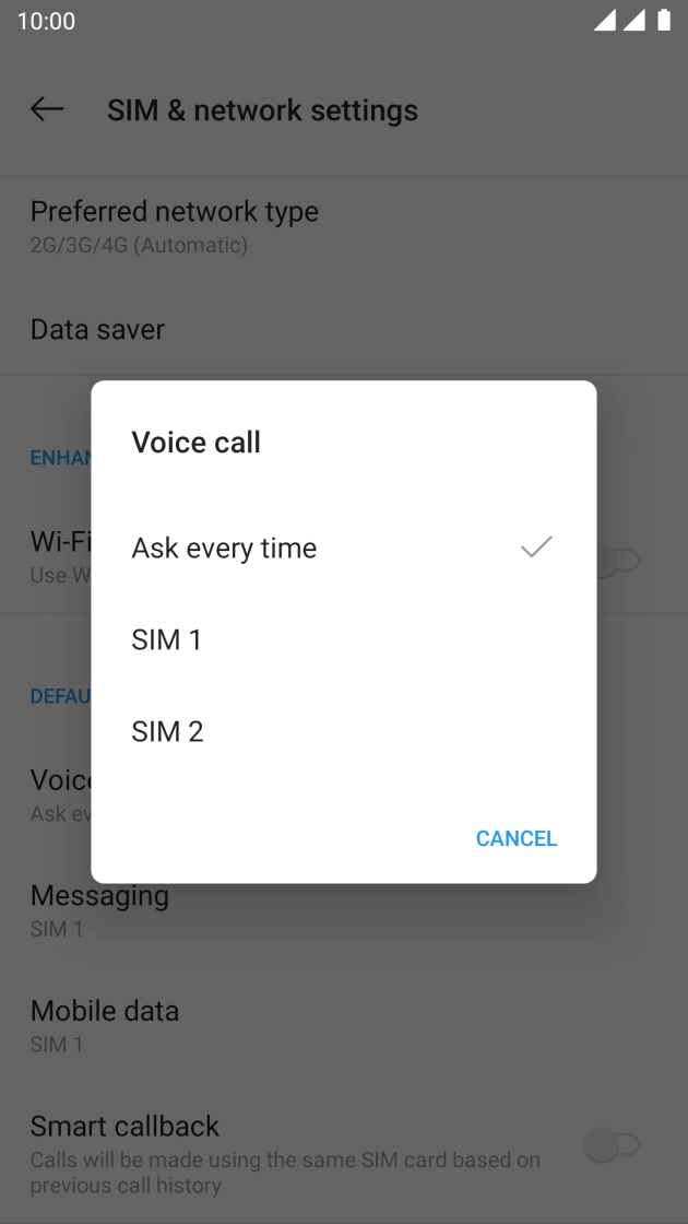 Press the required setting.