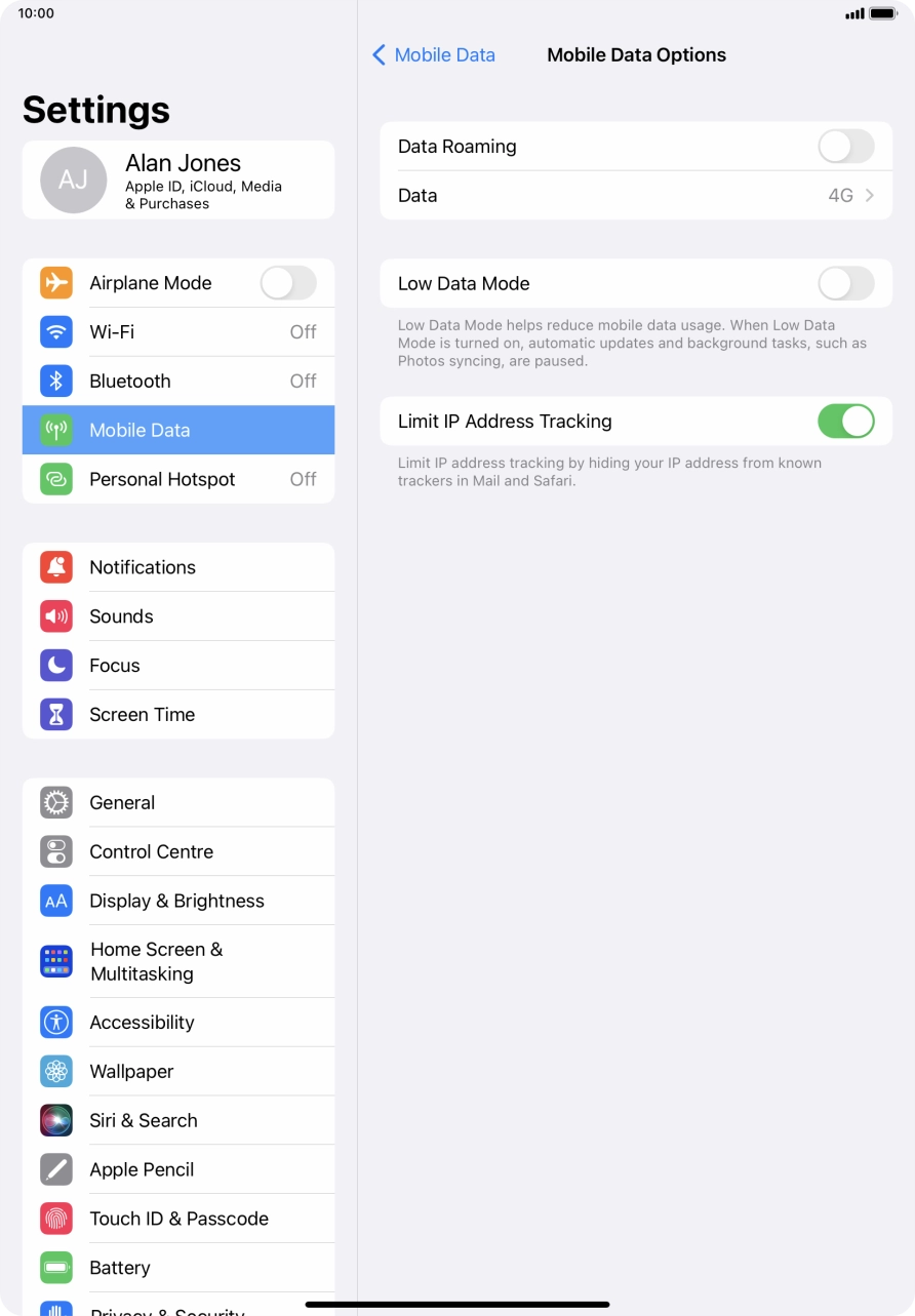 Press the indicator next to 'Low Data Mode' to turn the function on or off.
