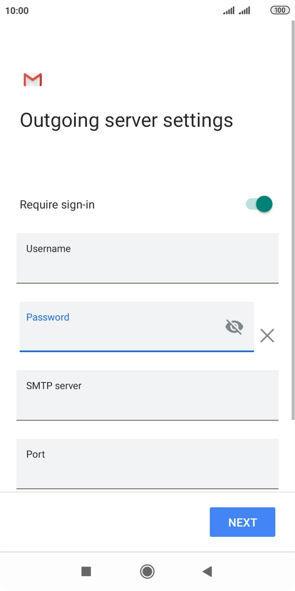 Press the field below 'SMTP server' and key in the name of your email provider's outgoing server. Press the field below 'SMTP server' and key in the name of your email provider's outgoing server.
