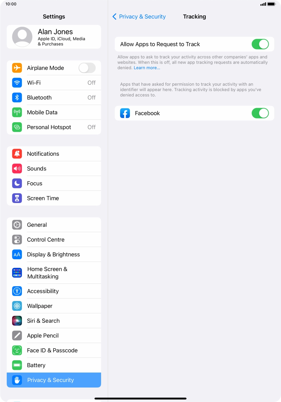 Press the indicator next to 'Allow Apps to Request to Track' to turn the function on or off.