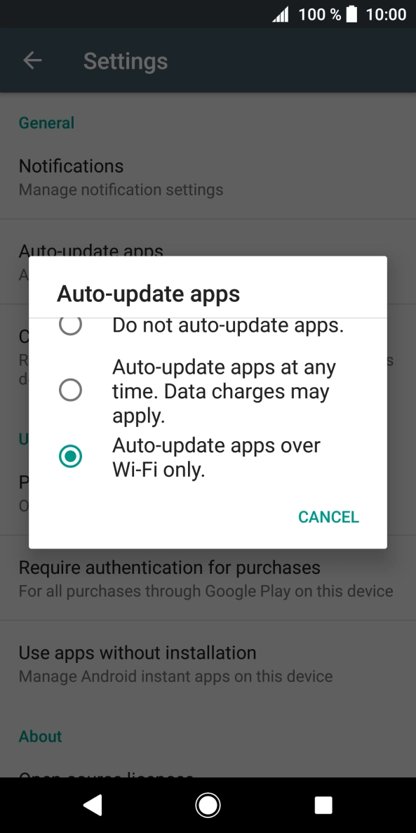 To turn on automatic update of apps using mobile network, press Auto-update apps at any time. Data charges may apply..
