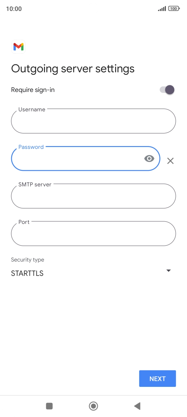 Press the field below 'SMTP server' and key in the name of your email provider's outgoing server. Press the field below 'SMTP server' and key in the name of your email provider's outgoing server.