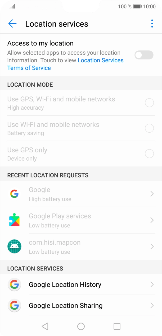 Press the indicator next to 'Access to my location' to turn the function on or off. Press the indicator next to 'Access to my location' to turn the function on or off.