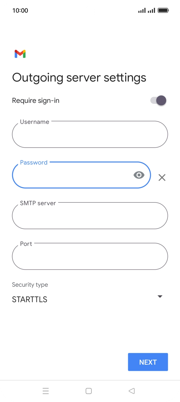 Press the field below 'SMTP server' and key in the name of your email provider's outgoing server. Press the field below 'SMTP server' and key in the name of your email provider's outgoing server.