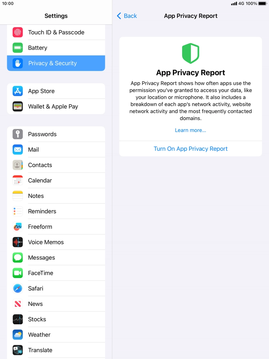 Press Turn On App Privacy Report to turn on the function.