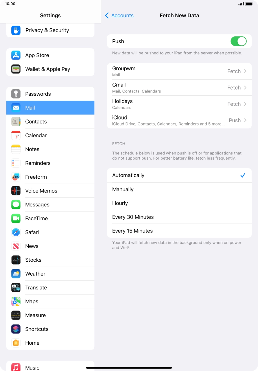 Press the indicator next to 'Push' to turn the function on or off. Press the indicator next to 'Push' to turn the function on or off.