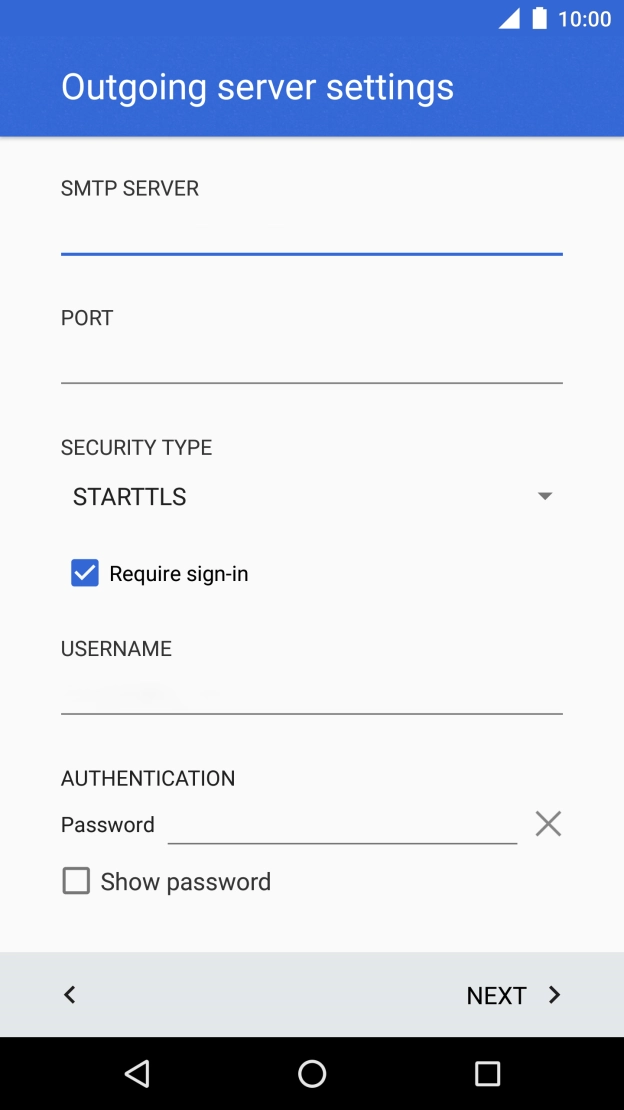 Press the field below 'SMTP SERVER' and key in the name of your email provider's outgoing server.