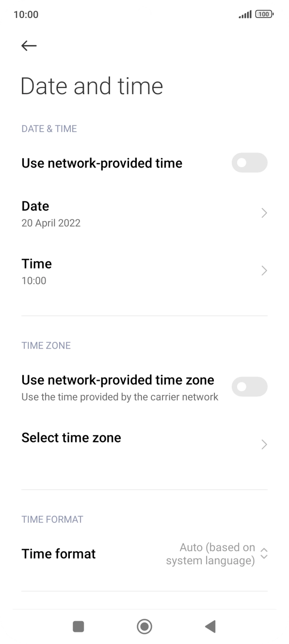 Press the indicator next to 'Use network-provided time' to turn on the function.