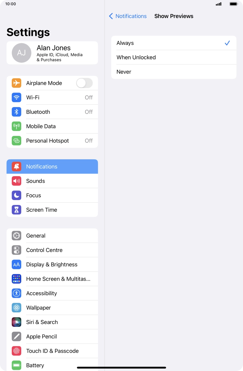 To select notification preview on the lock screen, press Always.