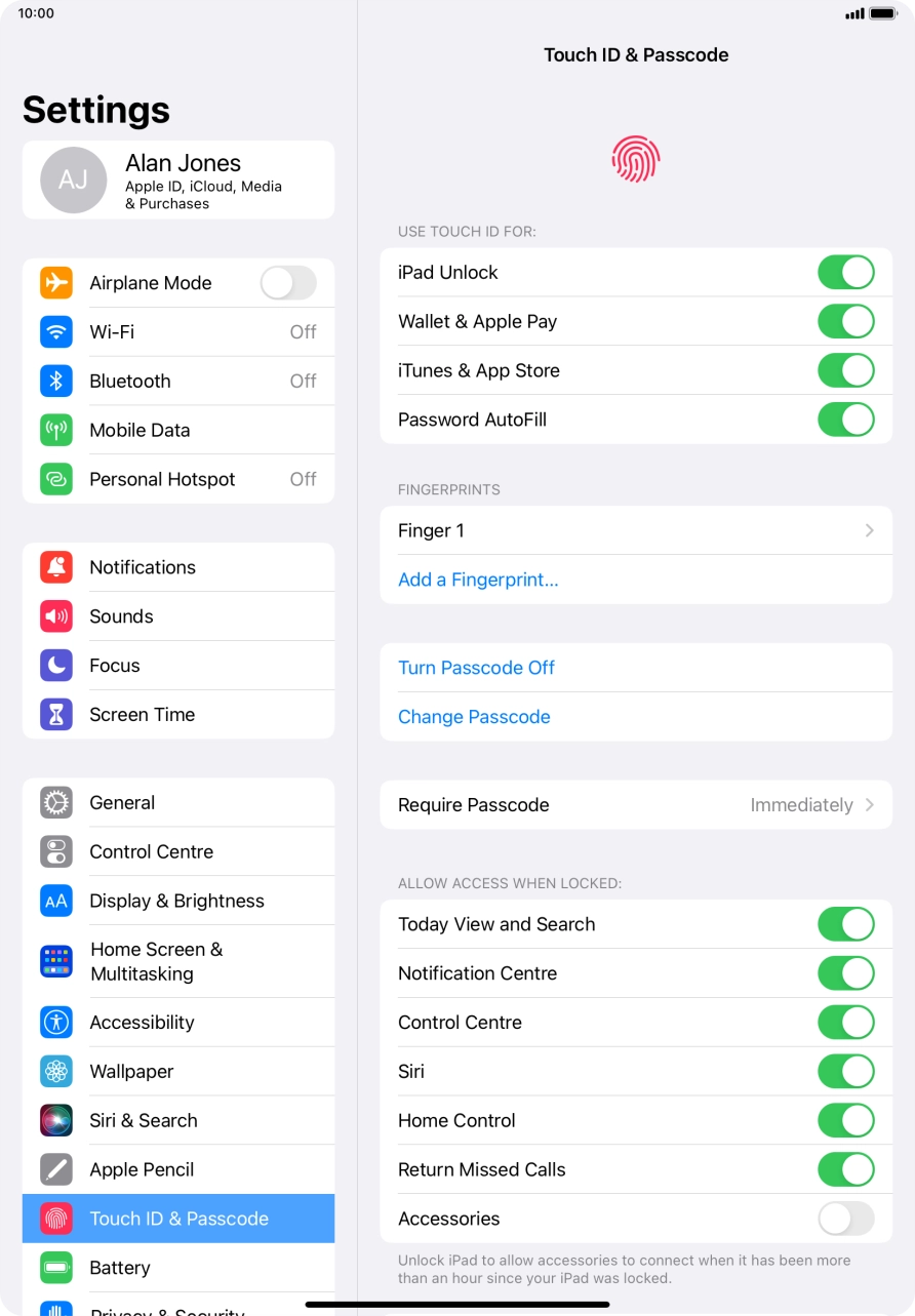 Press the indicator next to 'iPad Unlock' to turn the function on or off.