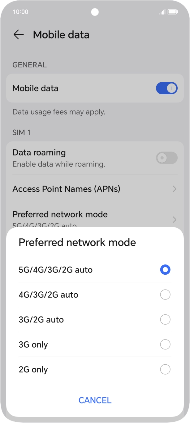 Press the required network mode.