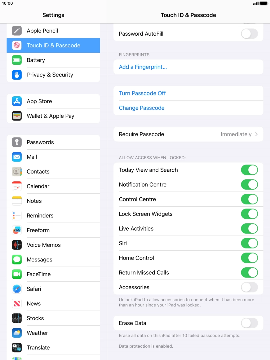 Press the indicator next to 'Erase Data' to turn the function on or off.