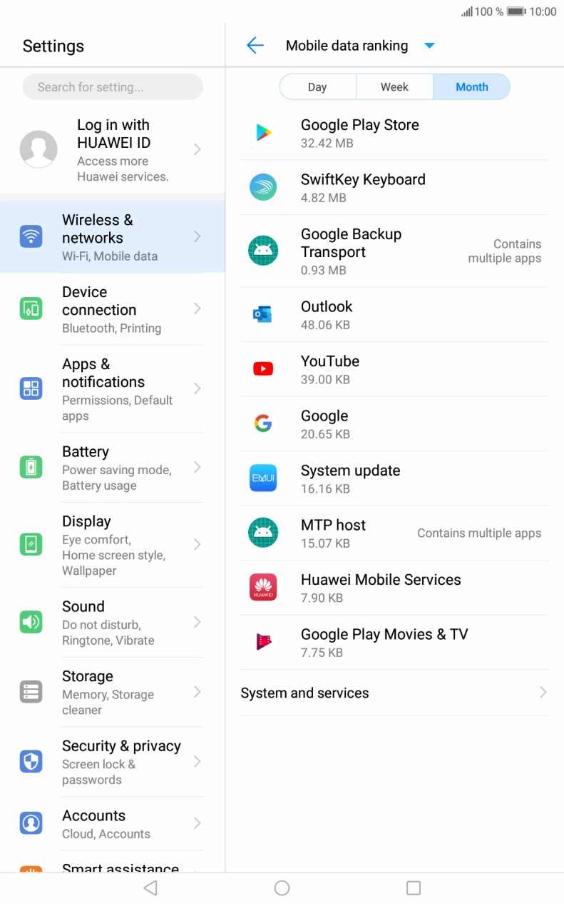 The data usage for each application is displayed below the name of the application.