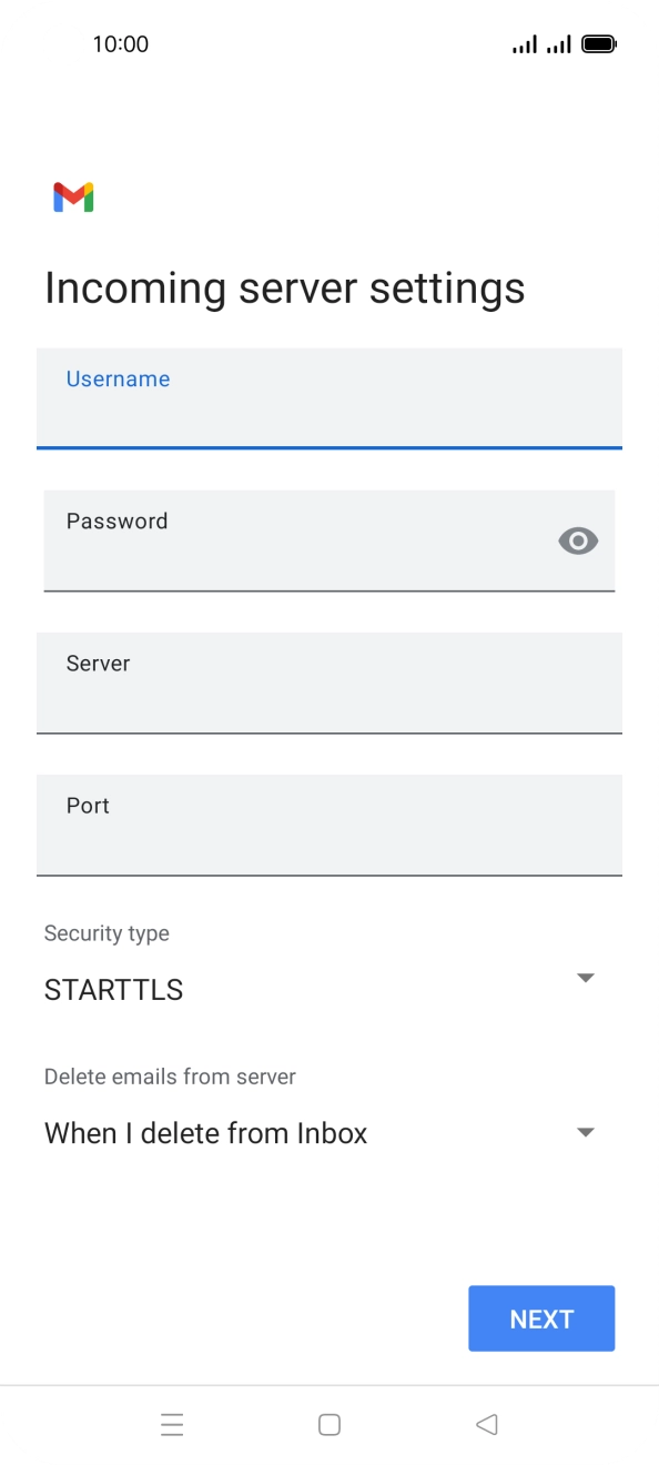 Press the field below 'Server' and key in the name of your email provider's incoming server. Press the field below 'Server' and key in the name of your email provider's incoming server.