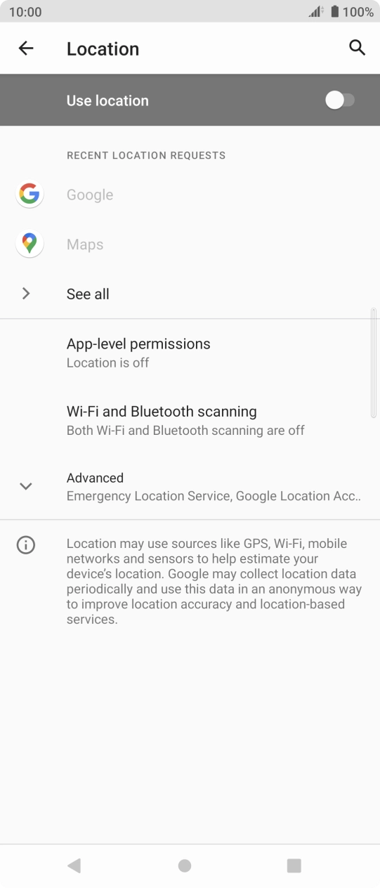 Press the indicator next to 'Use location' to turn the function on or off. Press the indicator next to 'Use location' to turn the function on or off.