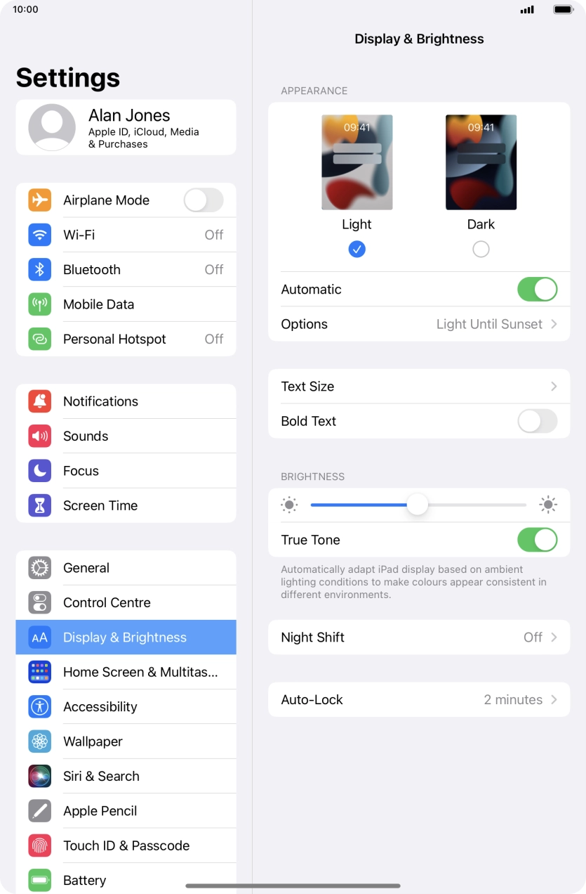 If you turn on the function, press Options and follow the instructions on the screen to select the required period of time for Dark Mode.
