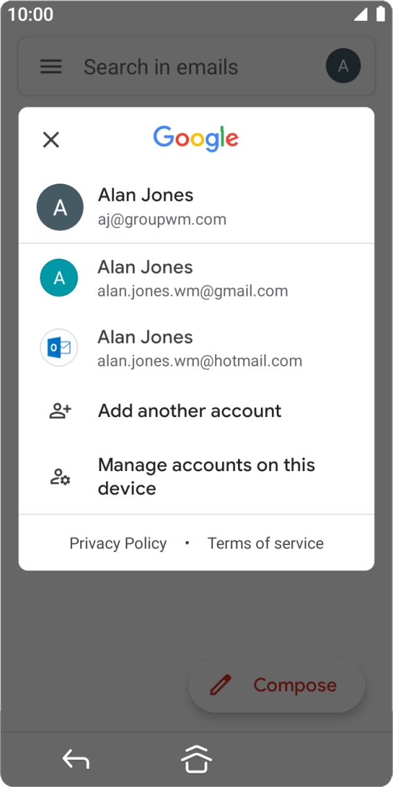 Press the required email account. Press the required email account.