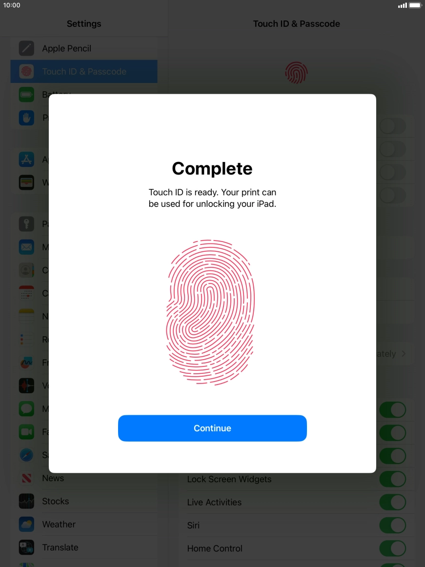 Press Continue. If you haven't previously selected a lock code, key in a code of your own choice twice.