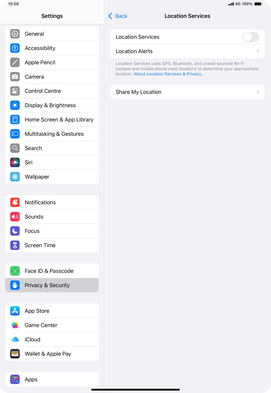 Press the indicator next to 'Location Services' to turn the function on or off.