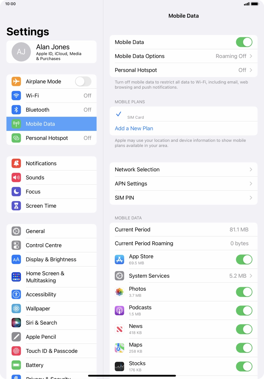 Press the indicator next to 'Mobile Data' to turn the function on or off. Press the indicator next to 'Mobile Data' to turn the function on or off.
