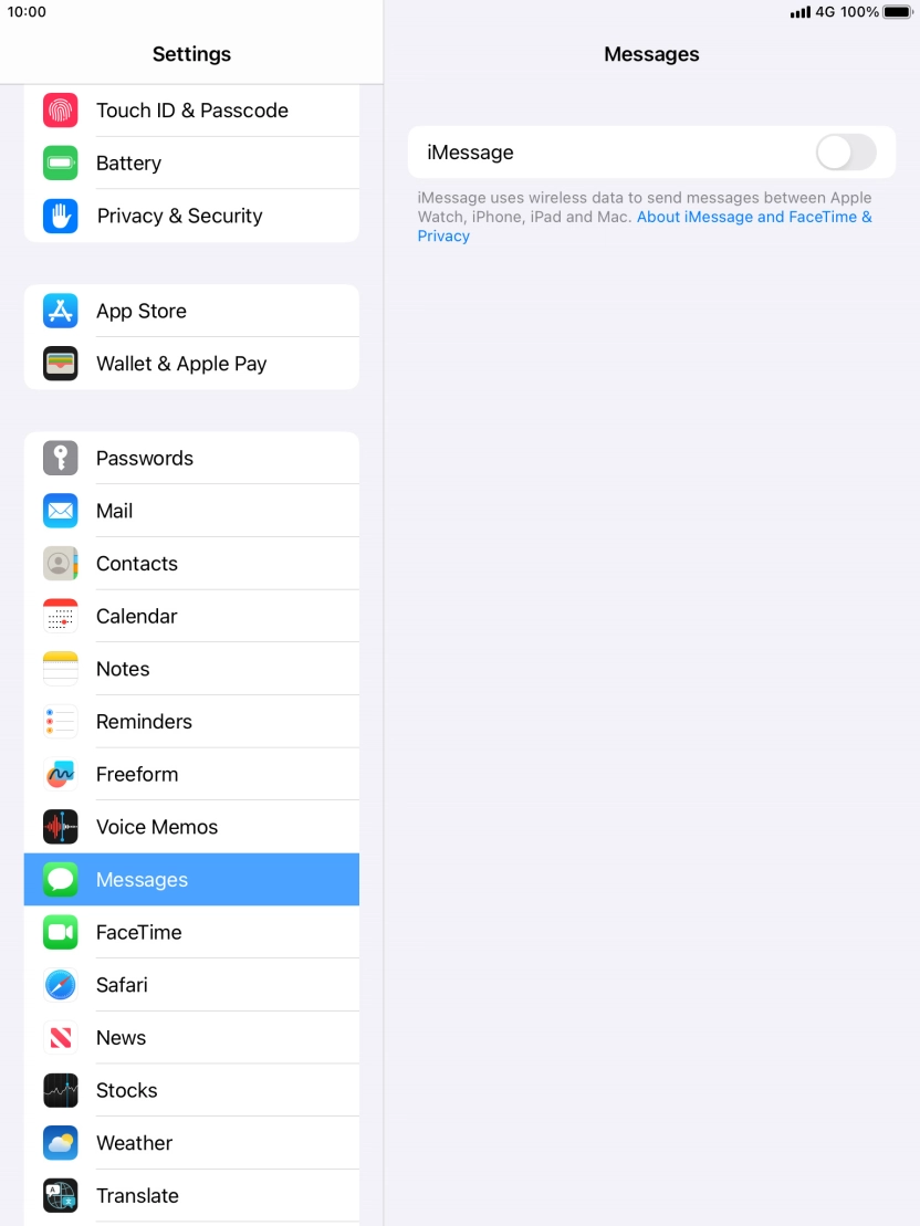 Press the indicator next to 'iMessage' to turn on the function.