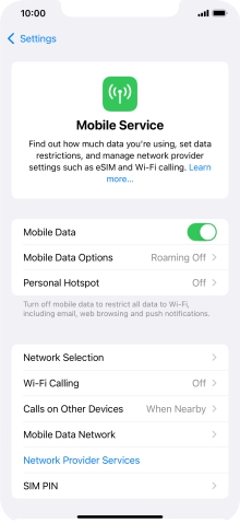 Press the indicator next to 'Mobile Data' to turn the function on or off.
