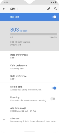 Press the indicator next to 'Roaming' to turn the function on or off.