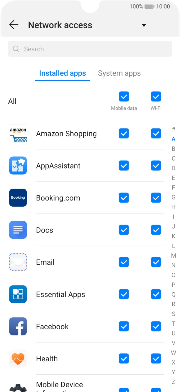 Press the field next to the application name in the 'Mobile data' column to turn the function on or off. Press the field next to the application name in the 'Mobile data' column to turn the function on or off.