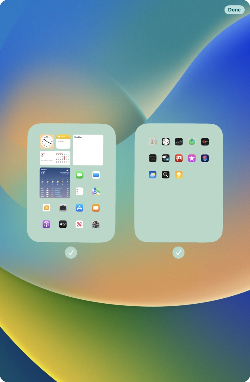 Press the fields below the required home screens to select or deselect them.