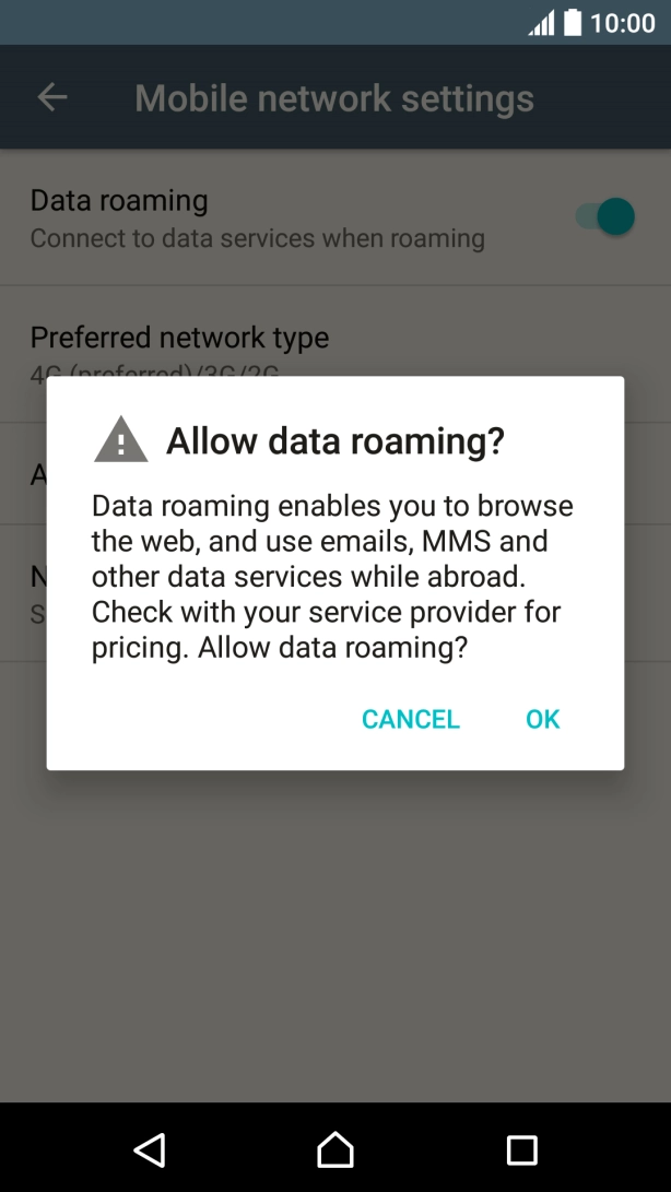 If you turn on data roaming, press OK.