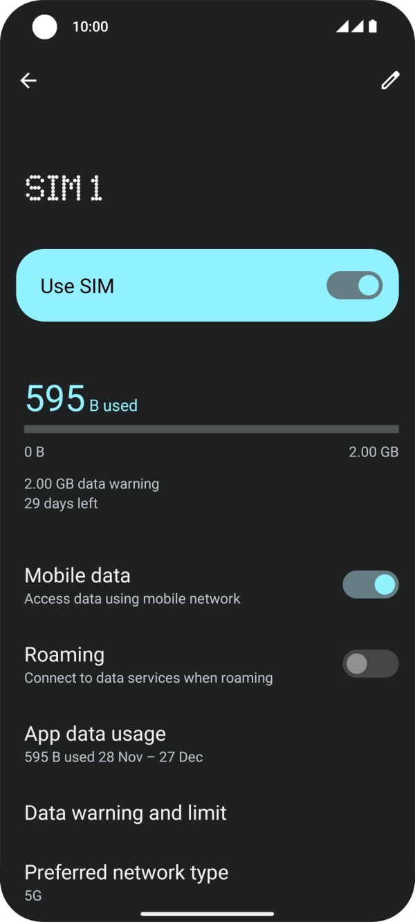 Press the indicator next to 'Mobile data' to turn the function on or off. Press the indicator next to 'Mobile data' to turn the function on or off.