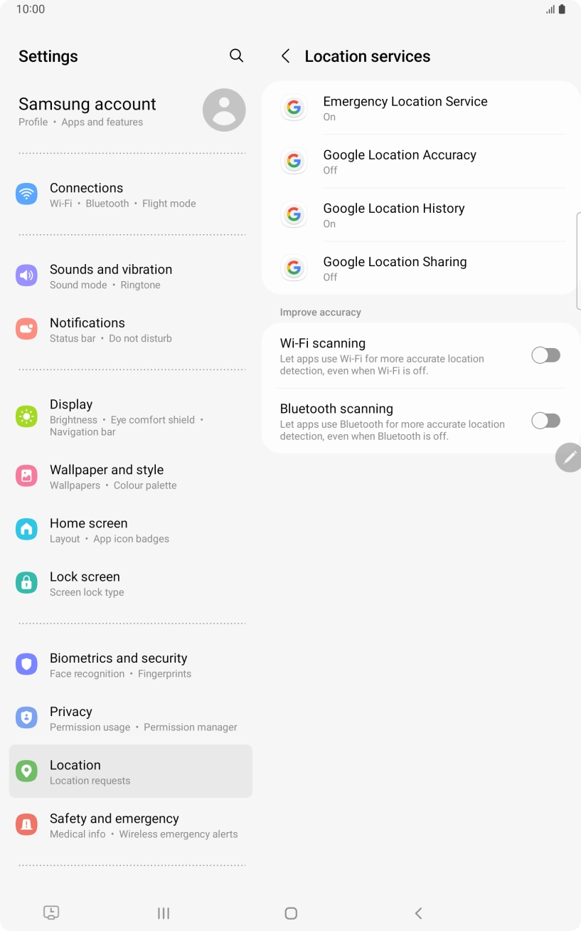 Press Google Location Accuracy. Press Google Location Accuracy.