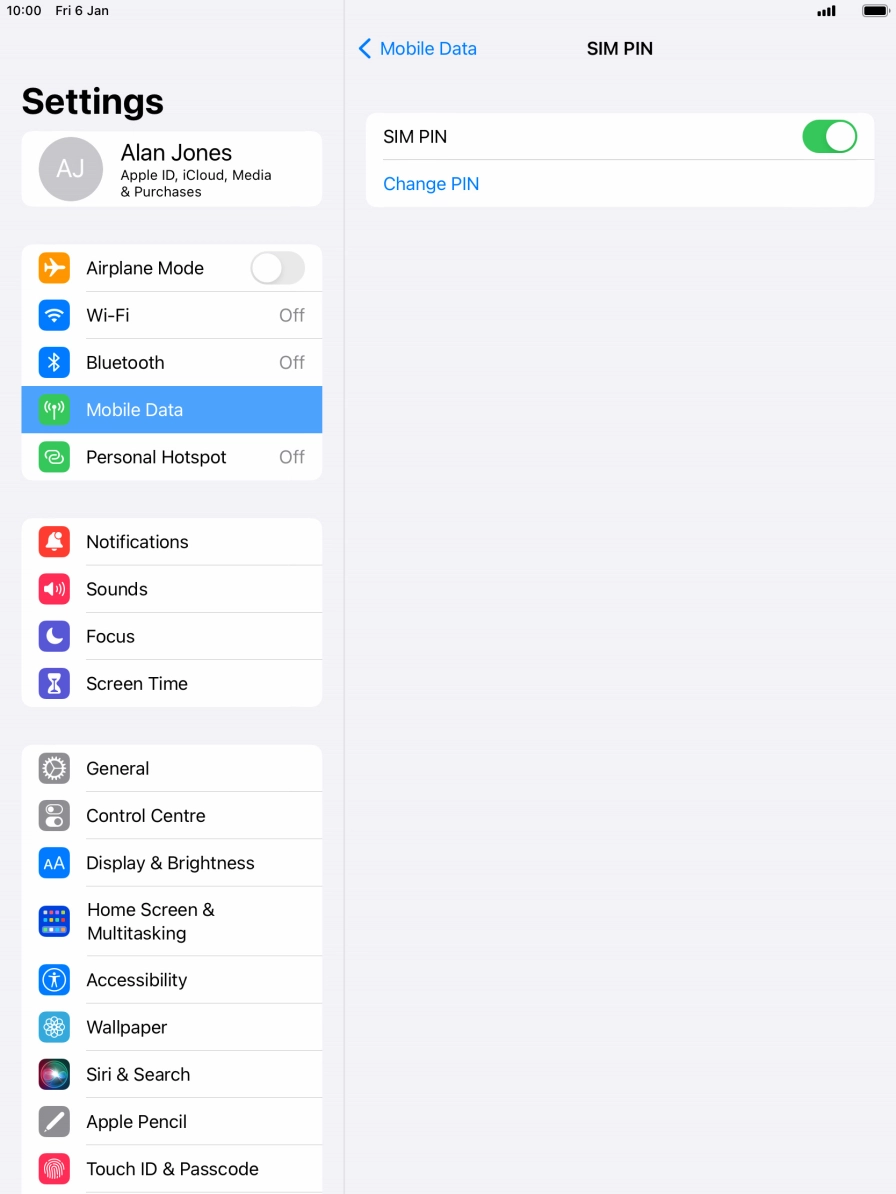 Press the indicator next to 'SIM PIN' to turn the function on or off.