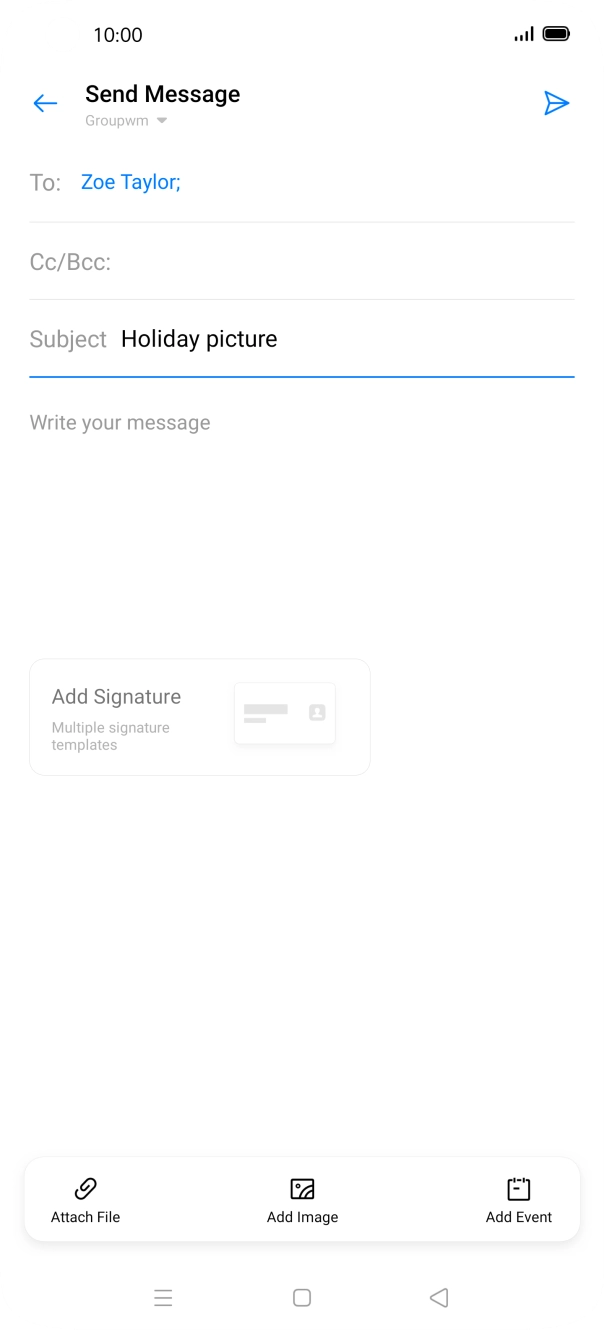 Press the text input field and write the text for your email. Press the text input field and write the text for your email.